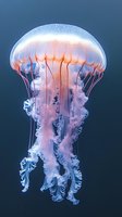 Luminescent jellyfish with pink and blue bioluminescent glow floating in dark ocean waters, tentacles gracefully extended downward creating ethereal underwater scene.