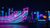 Neon glowing arrows pointing upward against blurred city lights background representing business growth, success and financial progress in digital economy.