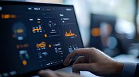 Business analytics dashboard with orange data visualization charts and graphs on dark screen, hand pointing at financial metrics and KPI statistics.