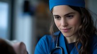 Young female medical professional in blue scrubs and cap smiling warmly while examining patient in hospital setting, conveying care and compassion during healthcare consultation.