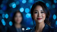 Young Asian woman in sparkling evening dress smiling against blurred blue bokeh lights background, elegant makeup and hairstyle for special occasion or celebration.