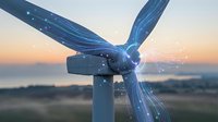 Wind turbine with digital energy flow visualization and glowing light particles against sunset rural landscape, representing renewable energy technology and sustainable power generation.