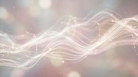 Flowing light waves and glowing particles create an ethereal, abstract motion effect with soft pastel tones and bokeh background.