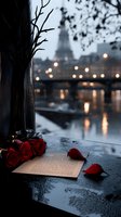 Red roses and open book on rainy evening with Eiffel Tower silhouette in background, romantic city lights reflecting in Seine river, moody atmospheric scene.