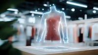 Futuristic holographic projection of female mannequin torso floating above display platform with glowing ethereal effect in modern retail environment.