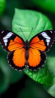 Vibrant orange and black butterfly perched on green leaf in tropical rainforest setting with soft bokeh background for nature photography projects.
