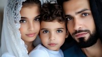 Young family portrait with bride in lace veil, dark-haired child, and bearded man in intimate close-up composition showing tender connection and gentle smiles.