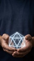 Hands holding glowing geometric icosahedron shape with sacred geometry lines on dark blue background for spiritual and mathematical concepts.