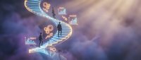 DNA double helix with glowing genetic data visualization and molecular structure in purple blue cosmic background for biotechnology research.