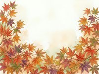 Autumn maple leaves in warm red, orange, and gold tones arranged on cream background with watercolor effect, ideal for fall seasonal designs, greeting cards, and autumn-themed projects.