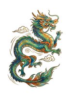 Colorful oriental dragon with intricate scales in gold, green, and blue tones, featuring ornate details and flowing clouds, isolated on white background for design use.