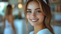 Young blonde woman with bright smile and blue eyes in casual sweater portrait for lifestyle and wellness content.
