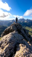 Male hiker and dog standing on rocky mountain peak overlooking dramatic alpine landscape with jagged peaks and valleys under blue sky with white clouds.