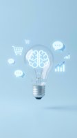 Light bulb with brain filament surrounded by business icons representing innovation and creative thinking for marketing strategies.