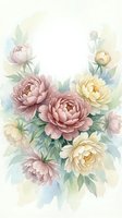 Watercolor peony flowers in soft pink and cream tones with green leaves on white background for wedding invitations and feminine design projects.