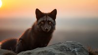 Black fox sitting on rock during golden hour sunset with warm lighting and blurred mountain landscape background for wildlife photography projects.