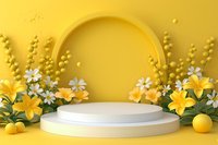 Yellow spring podium display with white platform, fresh daisies, lilies and mimosa branches, citrus fruits arranged in modern minimal style for product placement.