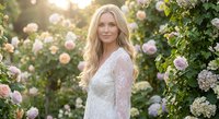 Young blonde woman in white lace dress standing among blooming pink roses in garden during golden hour sunlight for wedding or romantic portrait photography.