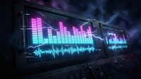 Futuristic holographic audio equalizer display with neon pink and cyan sound waves on transparent screens in dark sci-fi environment for music technology concepts.