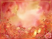 Festive red and gold watercolor background with traditional lanterns, flowers, and decorative elements, ideal for lunar new year celebrations, greeting cards, and holiday designs.
