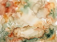 Watercolor autumn foliage frame with warm terracotta, sage green, and cream tones featuring decorative botanical elements and ornate border for invitations and design projects.