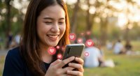 Young Asian woman smiling while using smartphone with floating heart icons in sunny park. Social media engagement, dating app, digital communication concept.