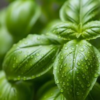 Fresh green basil leaves with water droplets after rain, aromatic herb plant macro photography for culinary and cooking content.