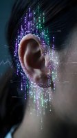 Digital ear enhancement with glowing purple and green data streams, futuristic hearing technology concept for medical innovation and audio processing applications.