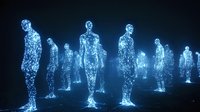 Glowing blue holographic figures made of light particles standing in formation against dark background, creating futuristic digital art visualization.