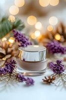 Luxury cosmetic cream jar with purple flowers and pine cones on white surface, soft bokeh lights background creates elegant spa atmosphere.
