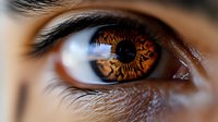 Close-up macro shot of human eye with detailed amber iris patterns and dark eyelashes. Medical anatomy concept for healthcare and vision studies.