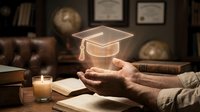 Hands holding glowing graduation cap symbol above open book in cozy study room with candle light and diplomas on wall background.