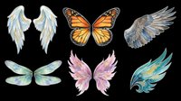 Six watercolor wings clipart set isolated on transparent background, ready for stickers, t-shirt design, print on demand, and sublimation projects.