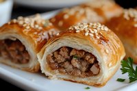 Flaky puff pastry rolls filled with seasoned ground meat and topped with sesame seeds, served on white plate with fresh herbs garnish. Close up view.