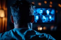 Man watching television in dark room with blue screen glow, back view silhouette against evening entertainment setup, creating moody atmospheric scene.