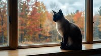 Siamese cat sitting on wooden windowsill looking outside at colorful autumn foliage through glass window in cozy home interior during fall season.
