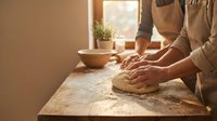 Potter hands kneading clay on wooden table in warm sunlit ceramic studio workspace for handmade pottery creation and artisan craftsmanship.