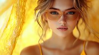 Young Asian woman with glasses and loose curly hair in warm golden sunlight wearing yellow top, soft dreamy portrait with natural makeup and gentle expression.
