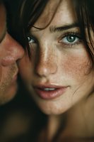 Intimate couple portrait with freckled woman and bearded man in close embrace showing love, romance and emotional connection between partners.