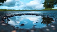 Dramatic reflection of cloudy sky in water puddle on asphalt road after rain, with blurred forest landscape background creating atmospheric nature scene.