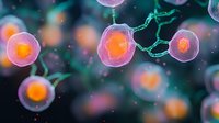 Glowing orange and pink cells connected by green molecular chains floating in dark space, microscopic scientific visualization for medical and research concepts.