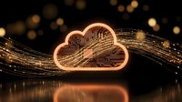 Glowing cloud computing symbol with circuit board patterns and flowing data streams on dark background with golden bokeh lights for technology concepts.