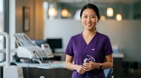 Female dentist of Asian ethnicity wearing purple scrubs and holding dental tools, smiling in modern dental clinic office with equipment in background.