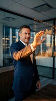 Confident middle-aged Caucasian businessman in navy suit touching holographic financial chart in modern office with city view at sunset.