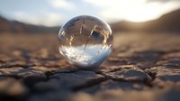 Crystal ball reflecting inverted landscape on cracked earth surface during golden hour sunset creating magical realism atmosphere for meditation concepts.