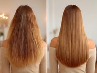 Before and after hair transformation showing frizzy, damaged hair becoming smooth, straight, and healthy with salon keratin treatment.