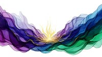 Abstract flowing waves in vibrant purple, blue and green colors with golden light burst creating dynamic energy movement on white background.