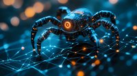 Futuristic cyber spider on digital network with glowing orange eye and blue technology grid background against bokeh lights. Concept of AI surveillance.