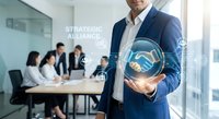 Professional businessman in blue suit presenting strategic alliance concept with digital handshake hologram in modern office meeting room environment.
