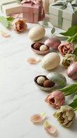Easter eggs in pastel colors with chocolate candies, tulips and gift boxes on white background for spring holiday celebration and festive decoration.